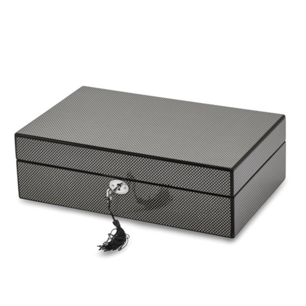 M+K Collection Luxury High Gloss Black Carbon Fiber 10-Slot Locking Watch Case