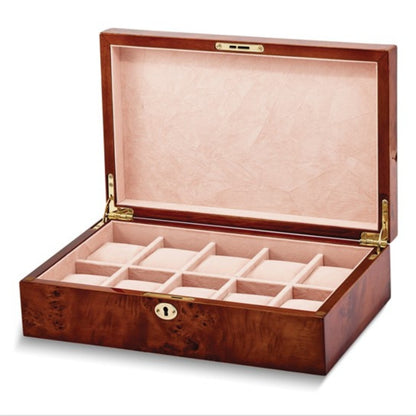 M+K Collection Luxury Burlwood 10-Slot Locking Watch Case