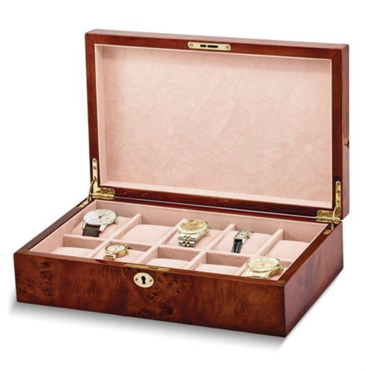 M+K Collection Luxury Burlwood 10-Slot Locking Watch Case