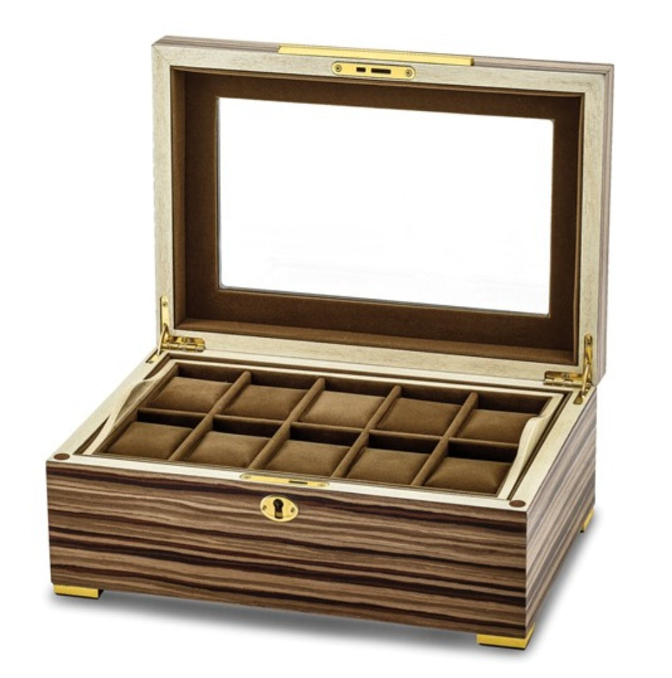 M+K Collection Luxury South American Vine Veneer 10-Slot Locking Watch Case