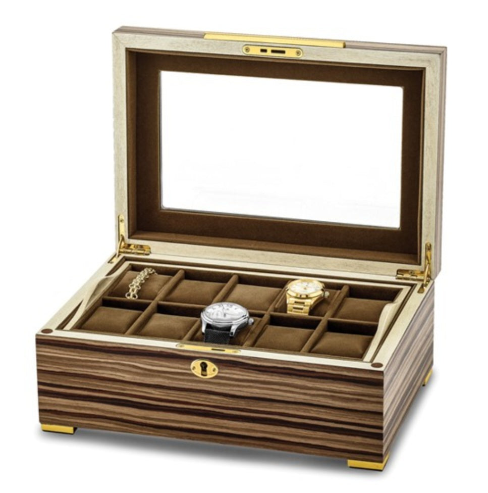 M+K Collection Luxury South American Vine Veneer 10-Slot Locking Watch Case