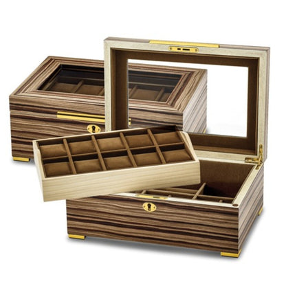 M+K Collection Luxury South American Vine Veneer 10-Slot Locking Watch Case