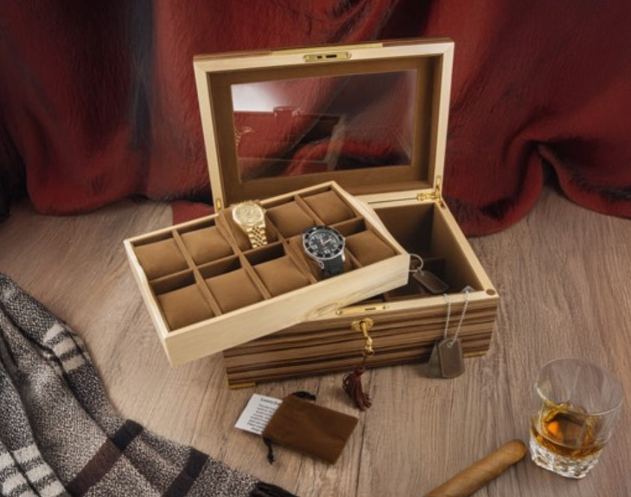 M+K Collection Luxury South American Vine Veneer 10-Slot Locking Watch Case
