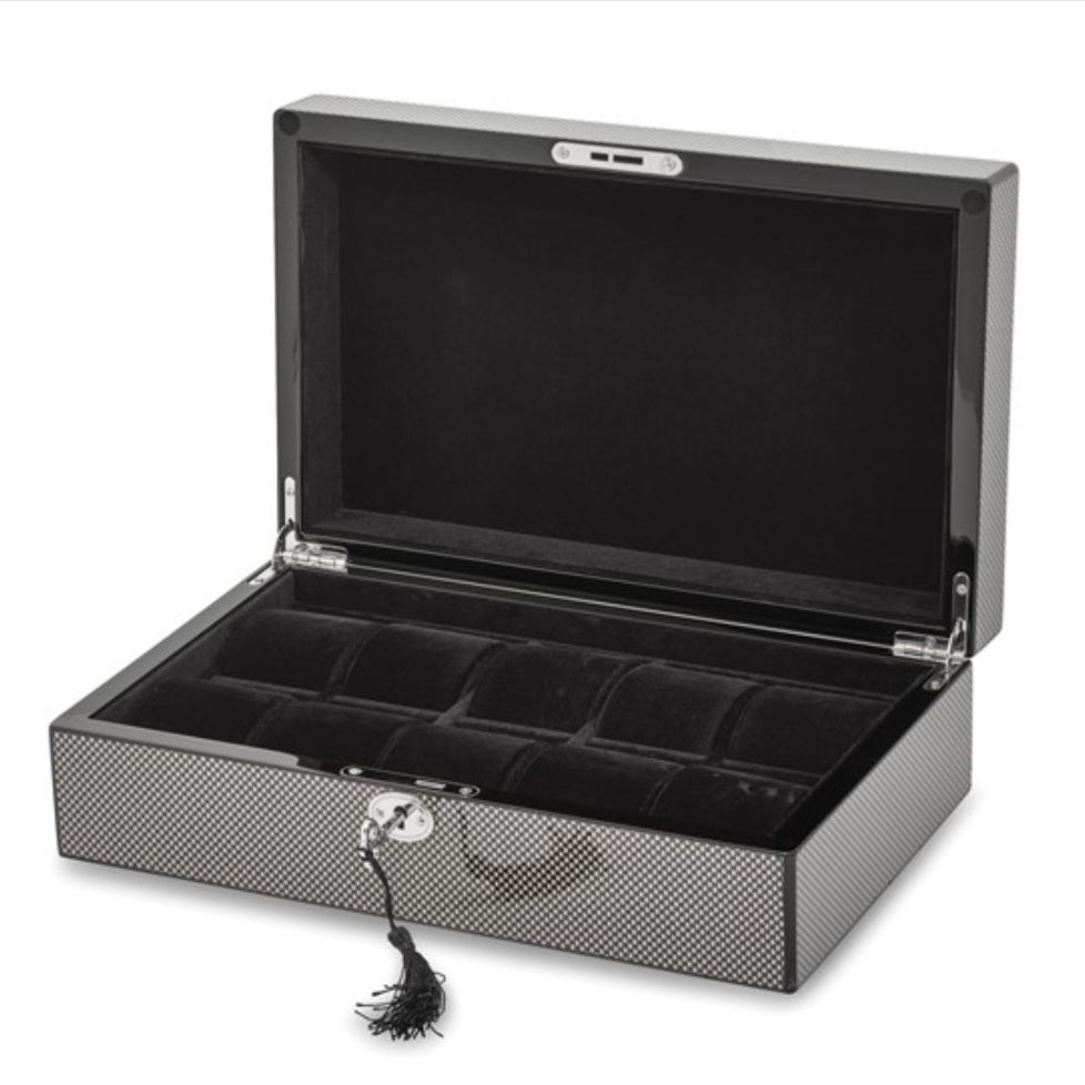 M+K Collection Luxury High Gloss Black Carbon Fiber 10-Slot Locking Watch Case