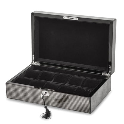 M+K Collection Luxury High Gloss Black Carbon Fiber 10-Slot Locking Watch Case