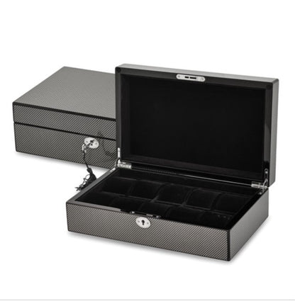 M+K Collection Luxury High Gloss Black Carbon Fiber 10-Slot Locking Watch Case