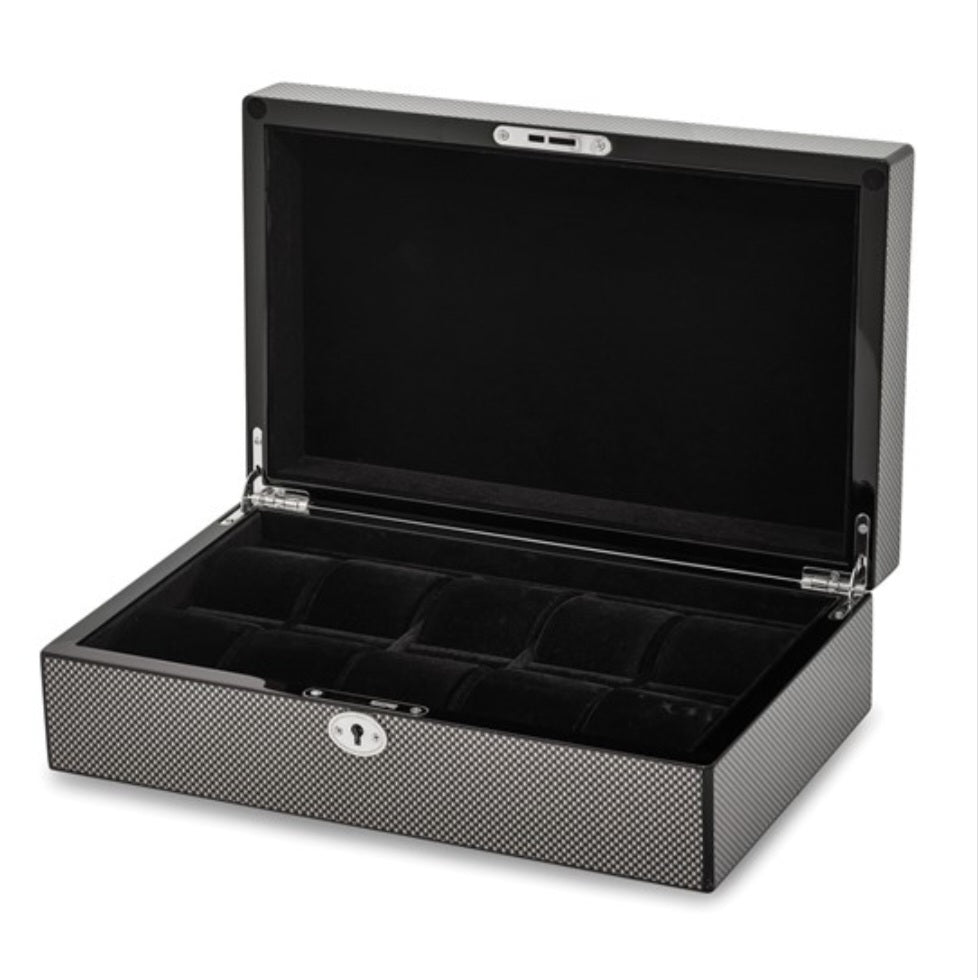 M+K Collection Luxury High Gloss Black Carbon Fiber 10-Slot Locking Watch Case